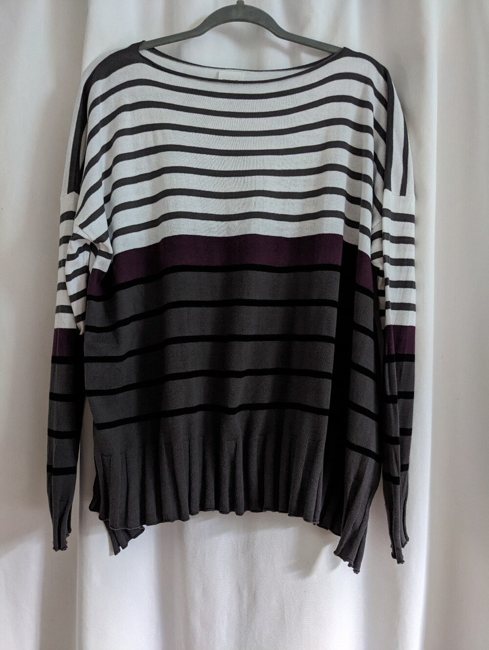 PLANET By Lauren G Gray Plum White Cotton Modal Mix Striped Tunic Sweater